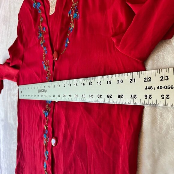 SG Sport Collection Womens Blouse Medium 10/12 Red Silky Embroidered Floral - Picture 6 of 9